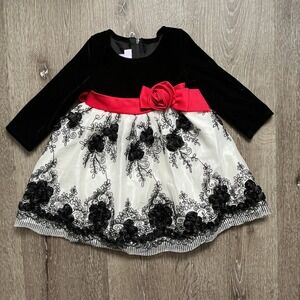 Bonnie Baby Girls Black Velvet Red Bow White Lace Dress Sz 12M